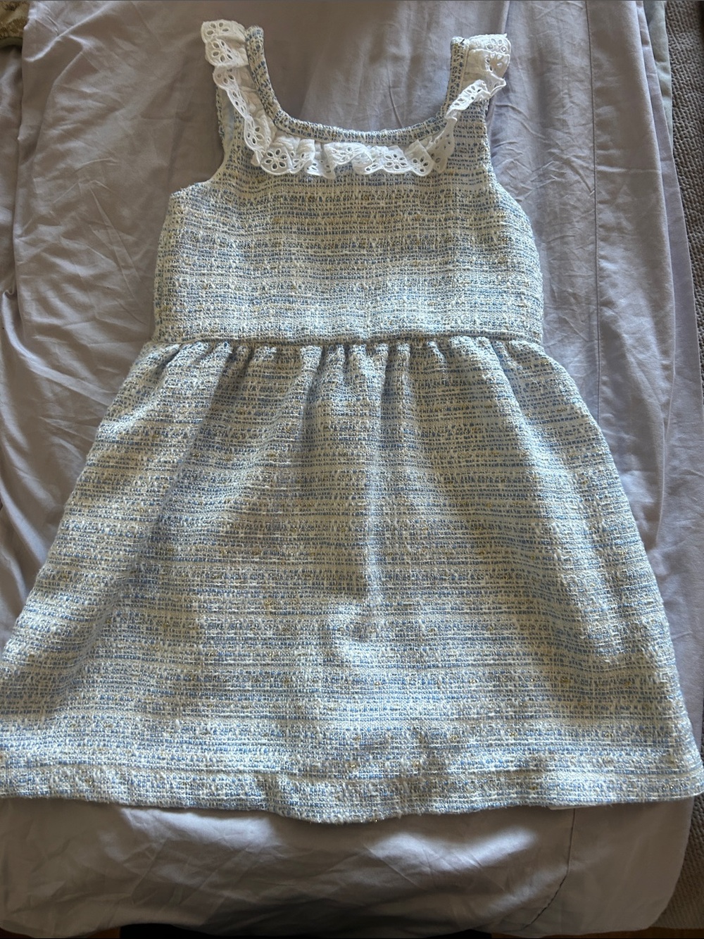 Janie and Jack Light Blue and White Tweed Dress with Lace Trim